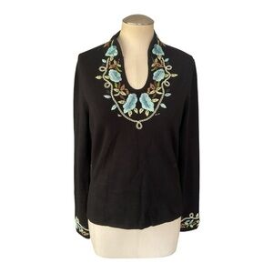 CABO Black Floral Embroidered Blouse L Stretchy Boho